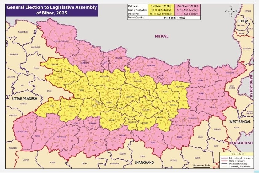 LokPoll's tweet image. 🗓️#SCHEDULE for the  GENERAL ELECTION TO THE LEGISLATIVE ASSEMBLY OF BIHAR 2025 - Two Phases 

Details 👇

#Bihar 
#BiharElections2025