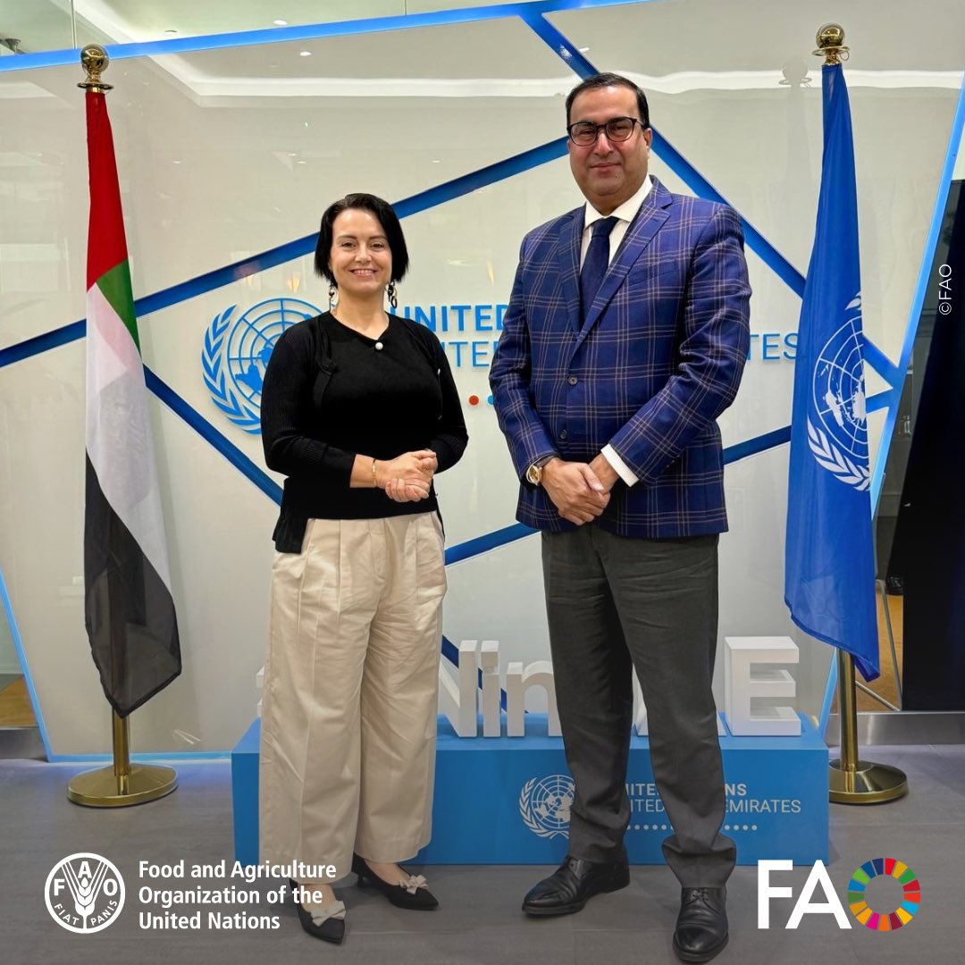 🤝Advancing collaboration across the UAE:

Ahmad Mukhtar, FAO Representative a.i. to the UAE, met with UN Resident Coordinator in🇦🇪, Bérangère Boël, to explore opportunities for UN-wide collaboration &amp; highlight FAO’s Regional Centre of Excellence for Food Security in the UAE.🌾