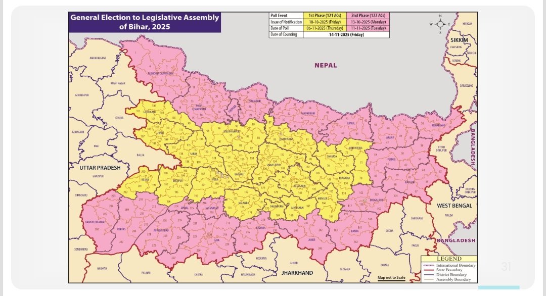 airnewsalerts's tweet image. 🗓️#SCHEDULE for the  GENERAL ELECTION TO THE LEGISLATIVE ASSEMBLY OF BIHAR 2025 - 𝐓𝐰𝐨 𝐏𝐡𝐚𝐬𝐞𝐬 

Details 👇
𝐃𝐚𝐭𝐞 𝐨𝐟 𝐏𝐨𝐥𝐥-𝐅𝐢𝐫𝐬𝐭 𝐏𝐡𝐚𝐬𝐞: 𝟎𝟔.𝟏𝟏.𝟐𝟎𝟐𝟓
𝐃𝐚𝐭𝐞 𝐨𝐟 𝐏𝐨𝐥𝐥-𝐒𝐞𝐜𝐨𝐧𝐝 𝐏𝐡𝐚𝐬𝐞: 𝟏𝟏.𝟏𝟏.𝟐𝟎𝟐𝟓
𝐃𝐚𝐭𝐞 𝐨𝐟 𝐂𝐨𝐮𝐧𝐭𝐢𝐧𝐠:…