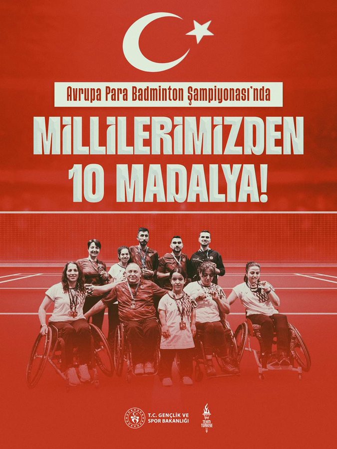 A group of athletes including İlker Tuzcu, Tuğçe Çelik, Emine Seçkin, Ebru Gökşen, Halime Yıldız, Mustafa Tuğra Nur, Narin Uluç, Elif Dokuzluoğlu, Sudenaz Şanlı, Burak May, and Avni Kertmen posing together. They are wearing medals around their necks and some are in wheelchairs on a badminton court. A red background with a Turkish flag and text in white and yellow reads "Avrupa Para Badminton Şampiyonası’nda Millîlerimizden 10 Madalya!" with additional text listing medal winners.