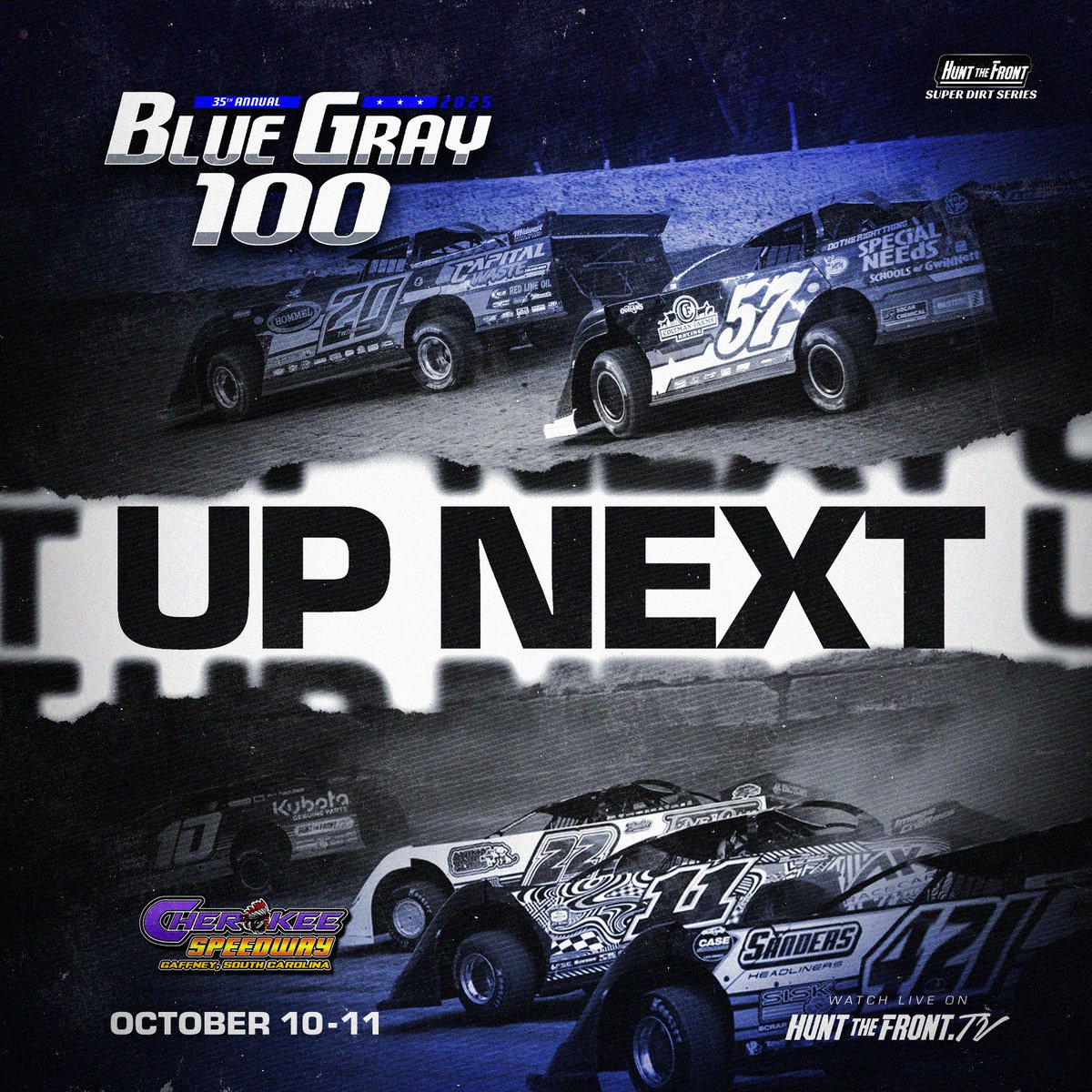 𝑰𝑻 𝑰𝑺 𝑹𝑨𝑪𝑬 𝑾𝑬𝑬𝑲!

A Championship will be decided on October 10-11 in the 35th annual Blue-Gray 100 at <a href="/Cherokee_DirtSC/">Cherokee Speedway</a>! <a href="/JimmyOwens_20/">Jimmy Owens</a> &amp; <a href="/KoehlerMotorsp/">Koehler Motorsports</a> bring the <a href="/HuntTheFrontSDS/">Hunt the Front Super Dirt Series</a> point lead into the Gaffney, SC facility for the final two point races of the year. 🏆