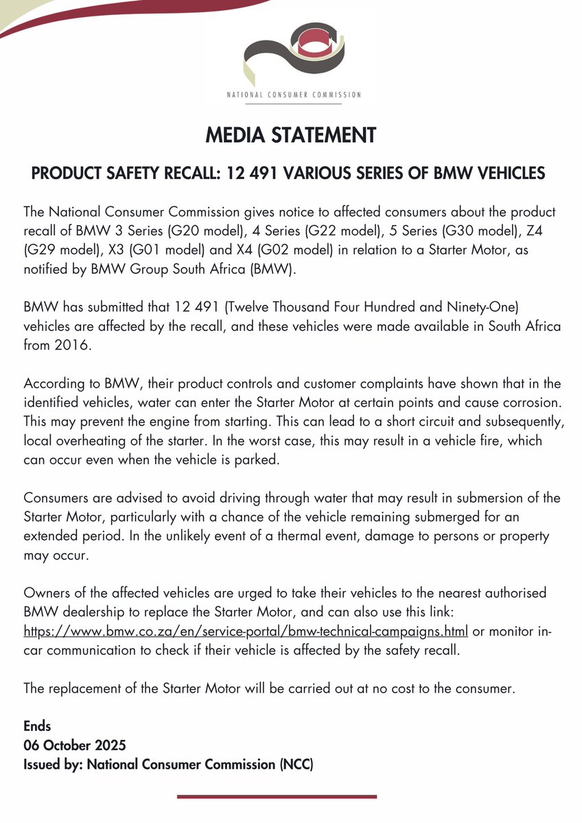 BMW recalls over 12 000 vehicles. Check if your car is affected and take it to the nearest approved dealership.
#yoursafetycomesfirst
<a href="/PhethoN/">Ke Phetho_ZA🇿🇦</a> <a href="/the_dtic/">the dtic</a>