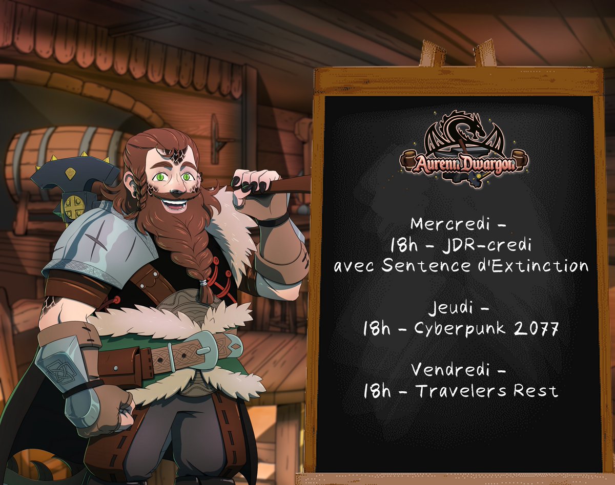 🐲 PLANNING DE LA TAVERNE 🍻

•Mercredi - JDR-credi avec Sentence d'Extinction
•Jeudi - Cyberpunk 2077
•Vendredi - Travelers Rest

Petite semaine après le VFight ! 
Vraiment ce week end a été fou, mais le nain est explosé, donc on y va doucement !

#vtuber #vtuberfr