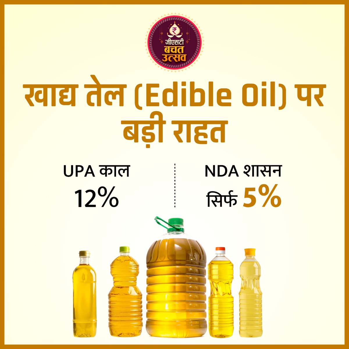 BJP4UP's tweet image. खाद्य तेल (Edible Oil) पर बड़ी राहत

UPA काल : 12%
NDA शासन : सिर्फ 5%

#GSTBachatUtsav #NextGenGST