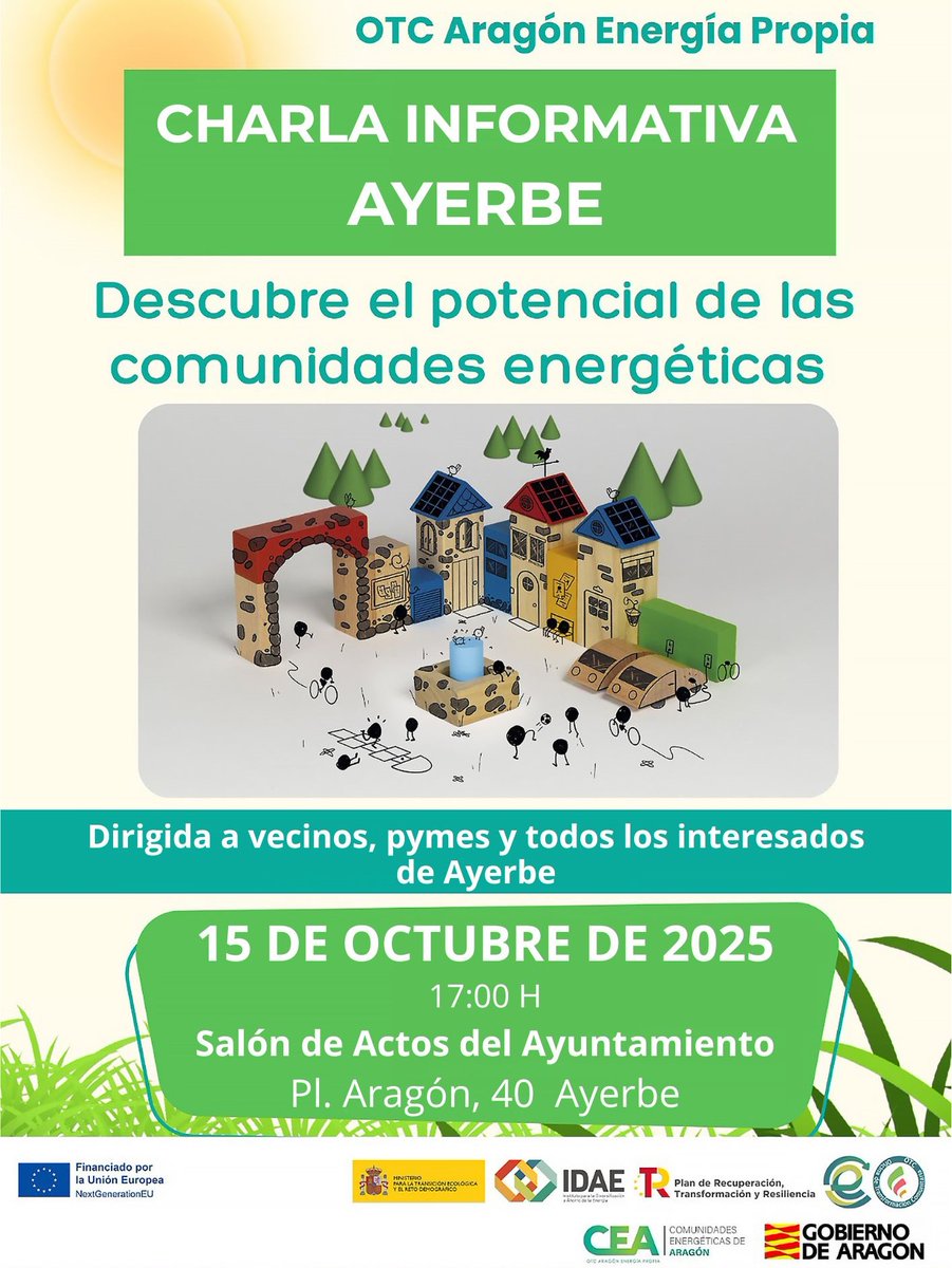 Com_Ener_Aragon's tweet photo. 🌿🌞Ven a la charla de #ComunidadesEnergéticas: más #ahorro, más #participación, más #futuro

📅 15 de octubre
⌚️ 17:00h 
🏦Salón de Actos del Ayuntamiento de #Ayerbe

📲 Apúntate gratis aquí https://t.co/O3fCjrCj2Z o escribiendo a info@comunidadenergeticaaragon.es

#Energía #OTC https://t.co/k5MAmMwzn0
