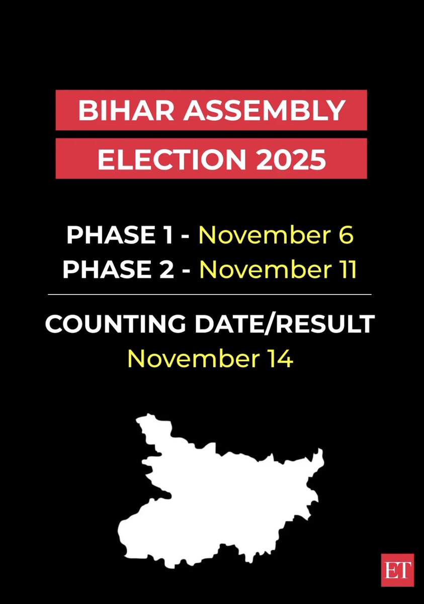 JhanviPathak04's tweet photo. #BREAKING: Bihar Assembly Elections will be held in two phases—on November 6 &amp; 11, respectively. Counting and results are due to be released on November 14, the Election Commission announced Monday. #BiharElections2025 https://t.co/0lpieeUeue