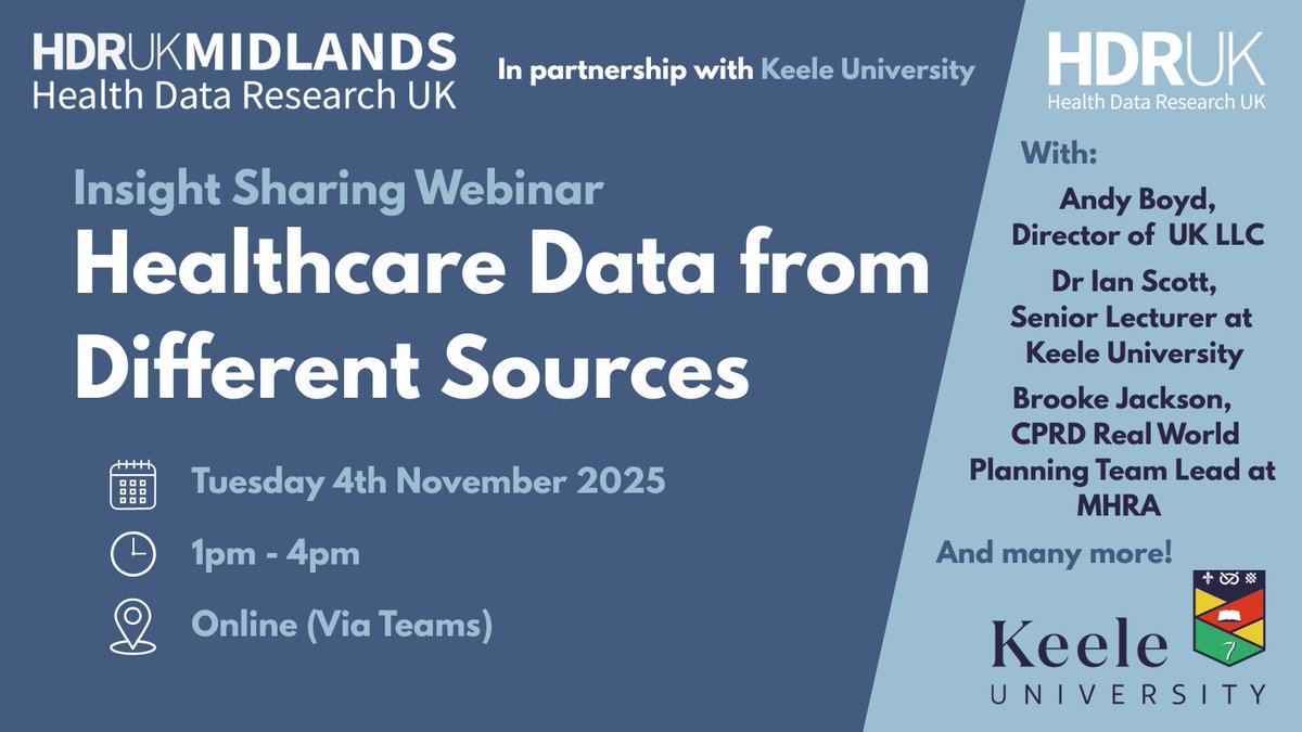 🔍 Join us for our next Insight Sharing Webinar: Healthcare Data from Different Sources
🗓️Tues 4 Nov 🕐1–4pm 💻 Online (Teams)
🎓In partnership with Keele University
🧠Hear from experts on HDRS, MSK, UK LLC, CPRD &amp; more!
🔗Register now: hdrmidlands.org.uk/hdrevents/heal…