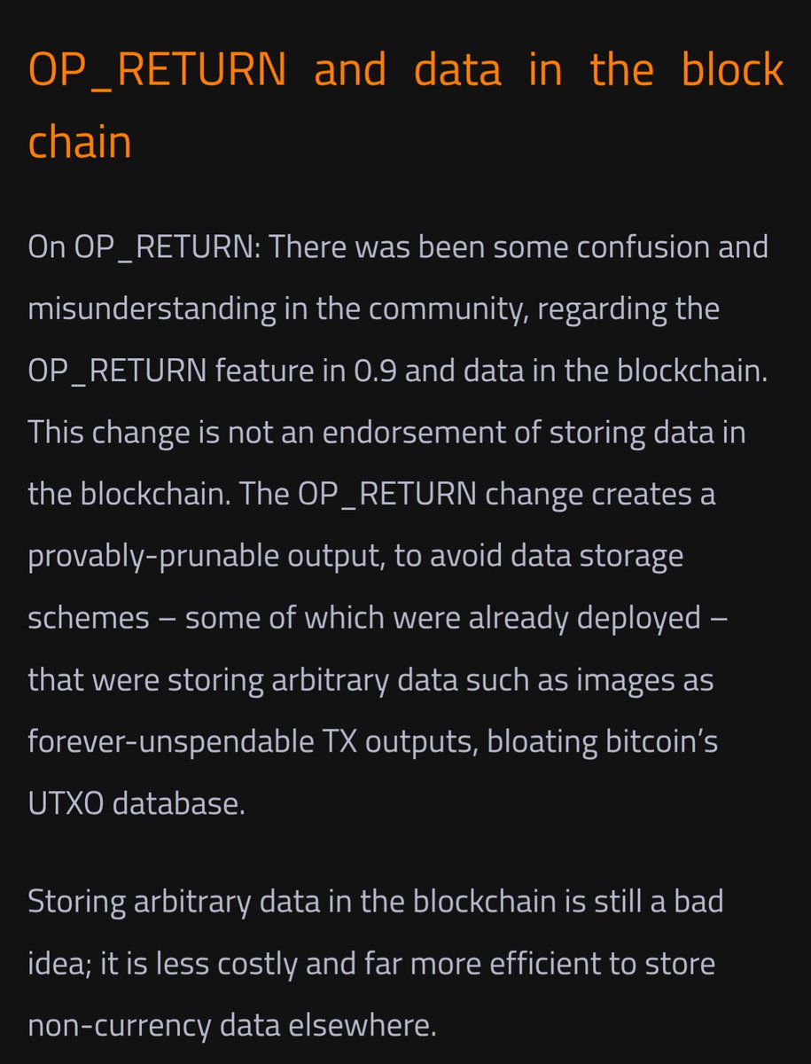 Bitcoin Core 0.9.0 release notes from 2014.

Bitcoin Core's position has always been clear: Bitcoin is money. OP_RETURN is a harm reduction method. Its purpose is to protect the money use-case. Nobody believes Bitcoin is a database, that's ridiculous.

Reject Knots propaganda.
