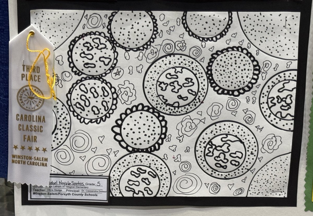 Congratulations to Ms. Sledge and students for a successful exhibit at the Carolina Classic Fair. Approximately 32 students had art in the show, and
the exhibit won three ribbons. Congratulations to 1st Place Sinai, 2nd Place Addie, and 3rd Place Isabel.