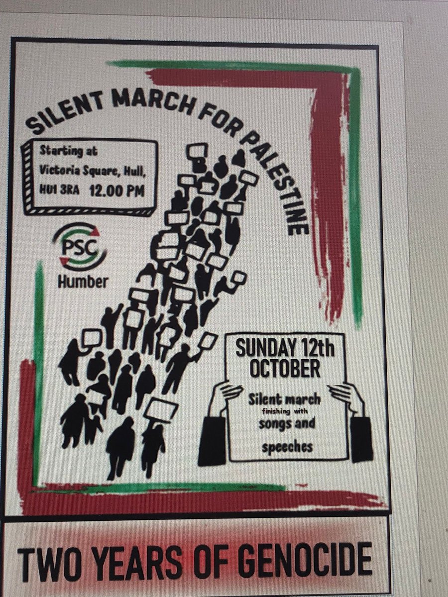 HullDockster's tweet image. Heads up Hull!

Please join us on Sunday October 12th at 12.00 for a 
Silent March For Palestine, starting from Queen Victoria Square. 

@unisonHERHealth @hull4eu @HullTrades @prideinhull @HullUniUnion @CommHumber @UniteNEYH @Humber_PSC