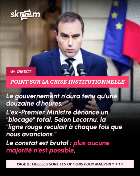 SkoomMedia's tweet photo. 📡 THREAD : Le point sur la crise institutionnelle en cours en France.

👉 Quelles conséquences et quels scénarios possibles après la démission ce matin de Sébastien Lecornu de Matignon ?

(1/5) https://t.co/RHXBahuZWm