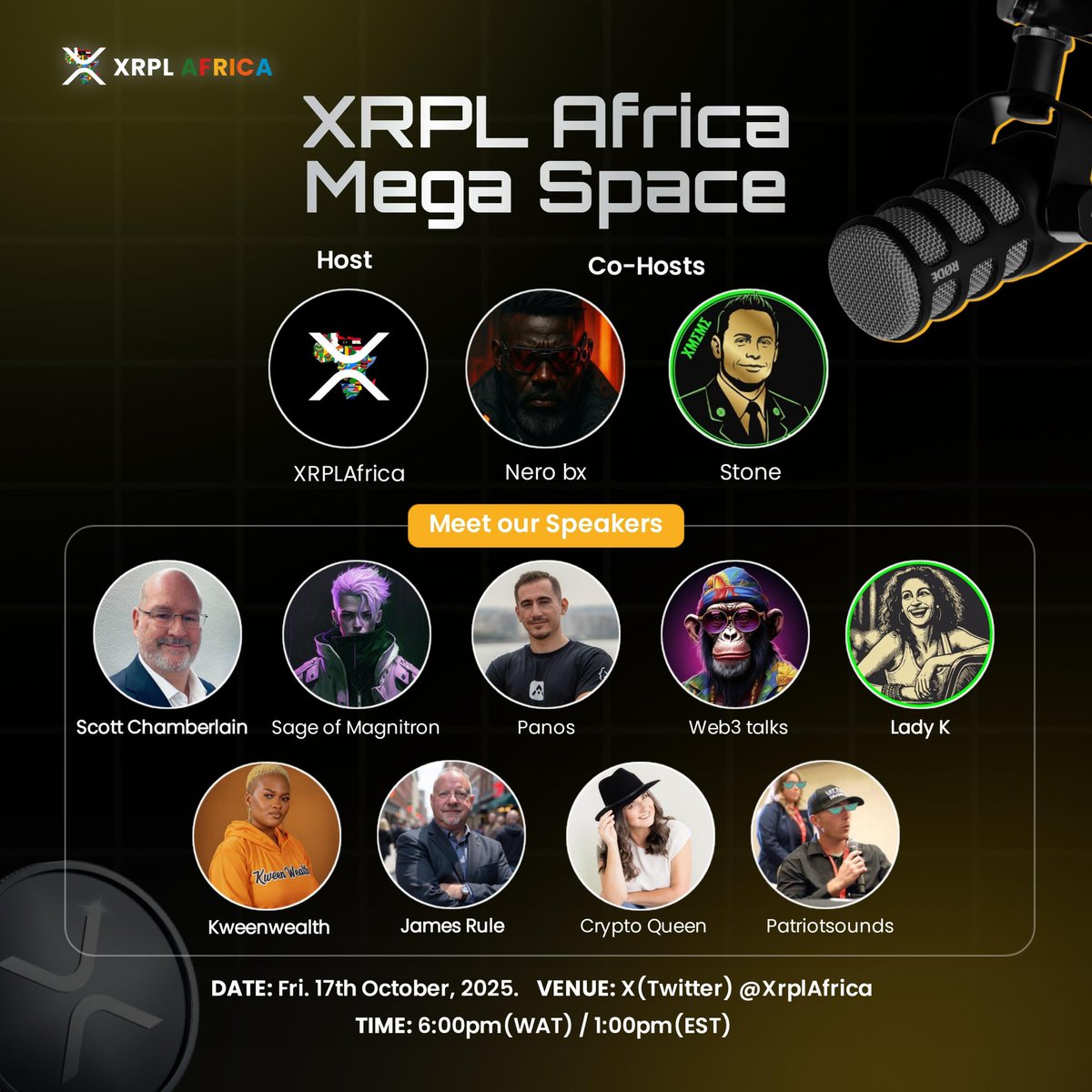 The #XRPL Africa Mega Space is bringing together brilliant minds, builders, and voices from across the ecosystem.🌍✨

📅 Oct. 17th, 2025
🕕 6 PM WAT | 1 PM EST

This is a space you do not want to miss!🔥

👉 Set your reminder now!
x.com/i/spaces/1vAxR…

<a href="/Ripple/">Ripple</a>