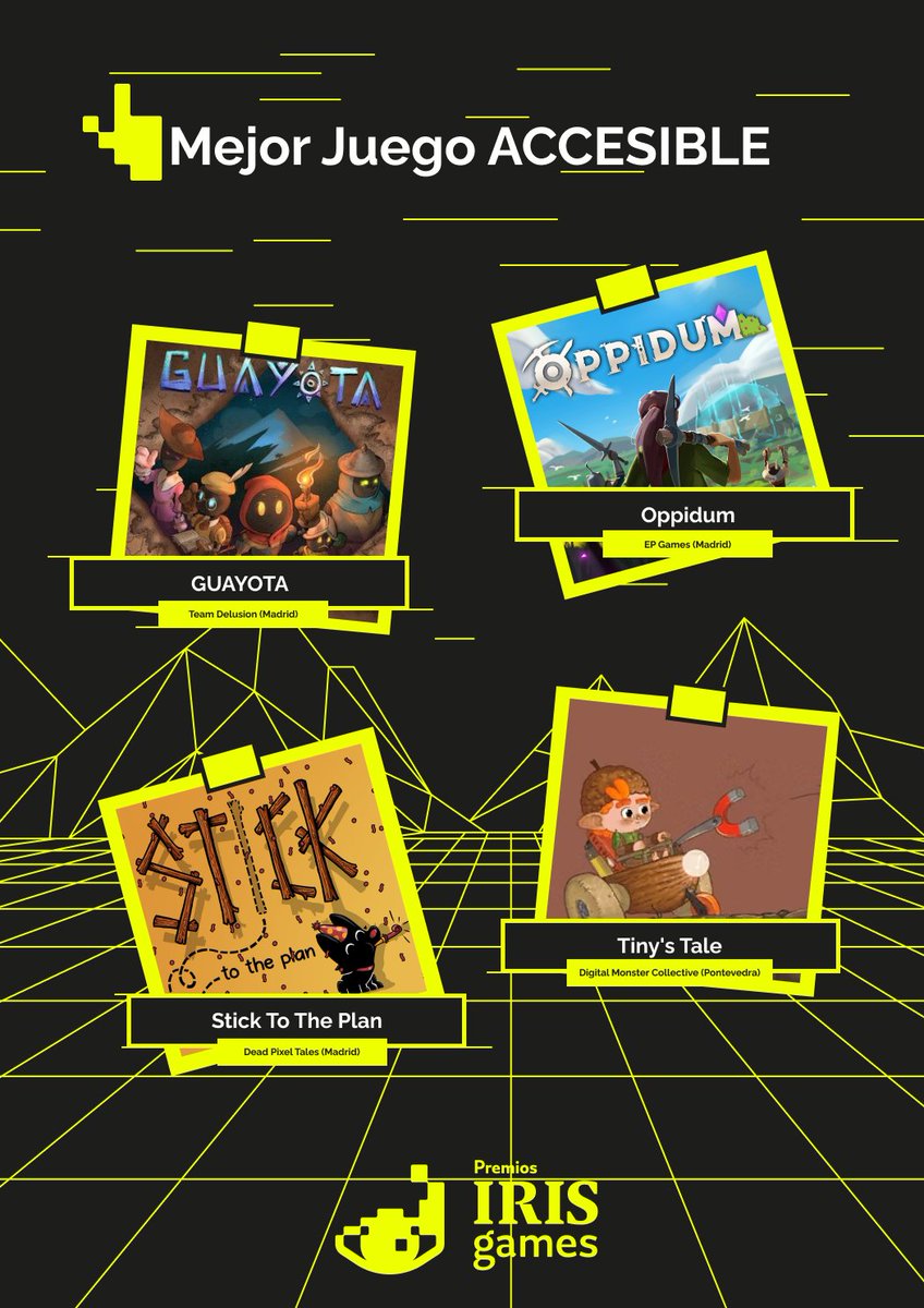 👾 MEJOR JUEGO ACCESIBLE⁣
1. GUAYOTA - Team Delusion (Madrid)⁣
2. Oppidum - EP Games (Madrid) ⁣
3. Stick To The Plan - <a href="/DeadPixelTales/">✨🐶 STICK TO THE PLAN 🪵✨</a> (Madrid) ⁣
4. Tiny's Tale - Digital Monster Collective (Pontevedra) ⁣
⁣