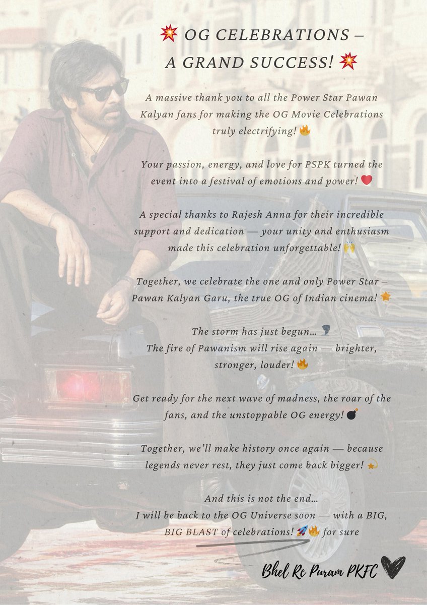 Heartfelt thanks to all for turning the OG Celebrations into a true festival at ASIAN JYOTHI CINEMAS!🙏

I will be back to the Upcoming bigges📽️ <a href="/PawanKalyan/">Pawan Kalyan</a> 

#TheyCallHimOG #BlockBusterOG 

                          -  TEAM <a href="/RCpuram_PKFC/">BHEL RC Puram PKFC</a>