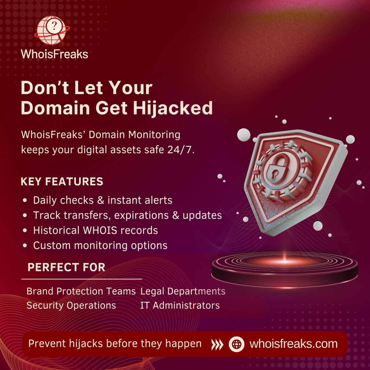 whoisfreaks's tweet image. 🛡️ Don’t wait for a hijack to happen.
WhoisFreaks’ Domain Monitoring gives 24/7 checks, instant alerts, and full WHOIS history to protect your digital assets before it’s too late.
🔗 whoisfreaks.com/products/domai…
#DomainSecurity #CyberSecurity #BrandProtection