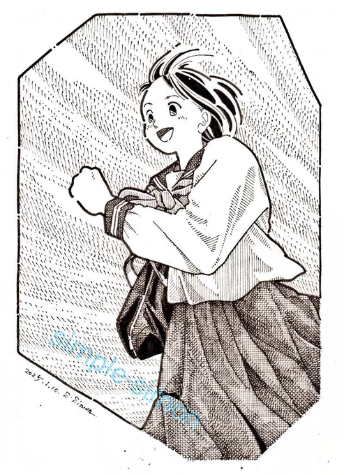 今年1月に描いた絵の再掲です。
スカートを上手く描けないかなあと思ってカケアミチャレンジしましたが見事撃沈😅
でもまあ全体としては割合お気に入り☺️ 