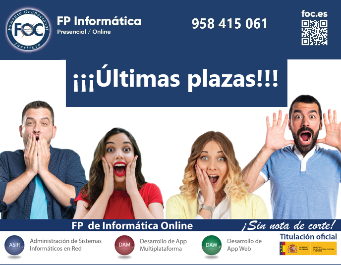InstitutoFOC's tweet photo. ¿SIN PLAZA PARA ESTUDIAR INFORMÁTICA?  En Instituto FOC podrás obtener una titulación oficial en Desarrollo de Aplicaciones Web, en Desarrollo de Aplicaciones Multiplataforma o en Administración de Sistemas Informáticos en Red. #informatica #asir #dam #daw #institutofoc https://t.co/nq99tqJfKE