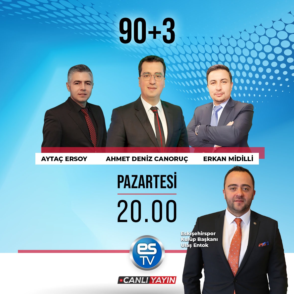 🕗Bu akşam saatleri 20.00'ye kuralım
📺Konuğumuz Eskişehirspor Kulüp Başkanı Ulaş Entok olacak. 
📝Soru ve görüşlerinizi bekliyoruz.