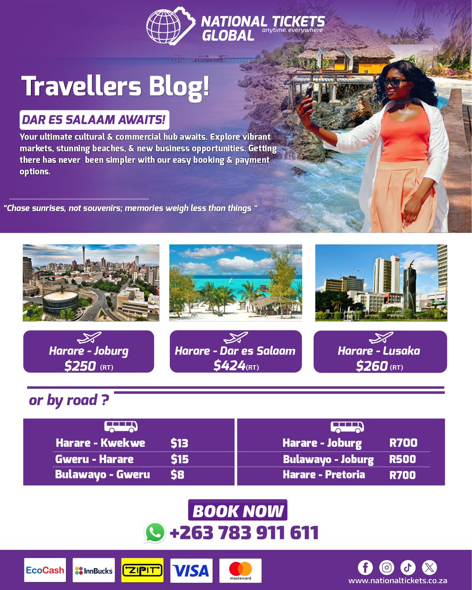 NatticksZim's tweet photo. Time for a new adventure! 🇹🇿 Our latest blog breaks down why Dar es Salaam is the perfect place for both a cultural deep dive and new business opportunities. ✈🚌 To book, WhatsApp: +263783911611 / +263786900600 #travelblogger #LocalBus #flighttickets #CrossBorderBus #bookwithus https://t.co/U5vdDTW7Nl