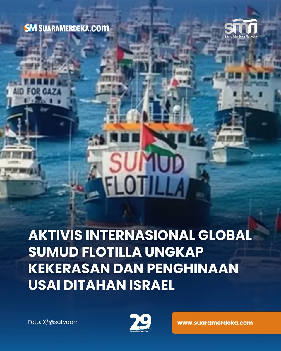 suaramerdeka's tweet image. Gelombang kecaman terhadap Israel semakin meluas setelah sejumlah aktivis internasional yang dideportasi dari negara itu mengungkap dugaan perlakuan kasar dan penghinaan selama masa penahanan mereka.

#suaramerdeka #globalsumudflotilla🇵🇸 #kekerasan #penghinaan #israel #palestina