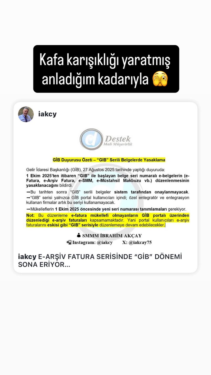 E-ARŞİV FATURA SERİSİNDE “GİB” DÖNEMİ SONA ERİYOR

Gelir İdaresi Başkanlığı, 1 Ekim 2025 itibarıyla elektronik belgelerde “GİB” ile başlayan seri numaralarının kullanımını yasakladı.

🔹 e-Fatura mükellefleri için “GİB” serisi artık geçerli olmayacak.
🔹 Özel entegratör veya
