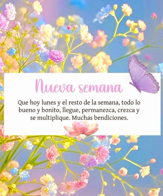 Colorful flowers in pink, yellow, and blue hues against a bright background. A purple butterfly is visible among the blossoms. A white rectangular text overlay with pink flower accents reads "Nueva semana" and additional text in Spanish.