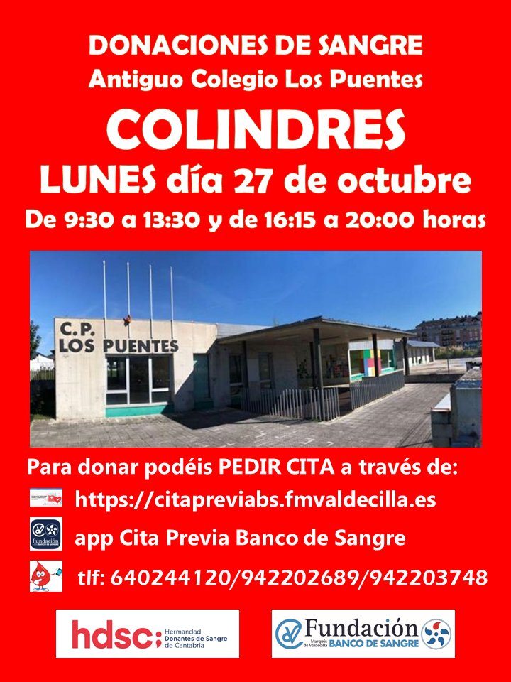 Buenos días. El LUNES os esperamos en el ANIGUO COLEGIO LOS PUENTES de COLINDRES, de 9:30 a 13:30 y de 16:15 a 20:00 horas. Podéis reservar cita en la app Cita Previa Banco de Sangre, en citapreviabs.fmvaldecilla.es o llamando al tlf. 640244120 #DonaVida #Gracias