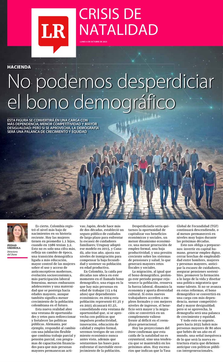 🇨🇴👥 Colombia atraviesa una etapa única: el bono demográfico, con más personas en edad de trabajar (15 a 64 años) que dependientes económicos. El reto es aprovechar esta ventana de oportunidad con políticas que fortalezcan la educación, la productividad y el empleo formal,