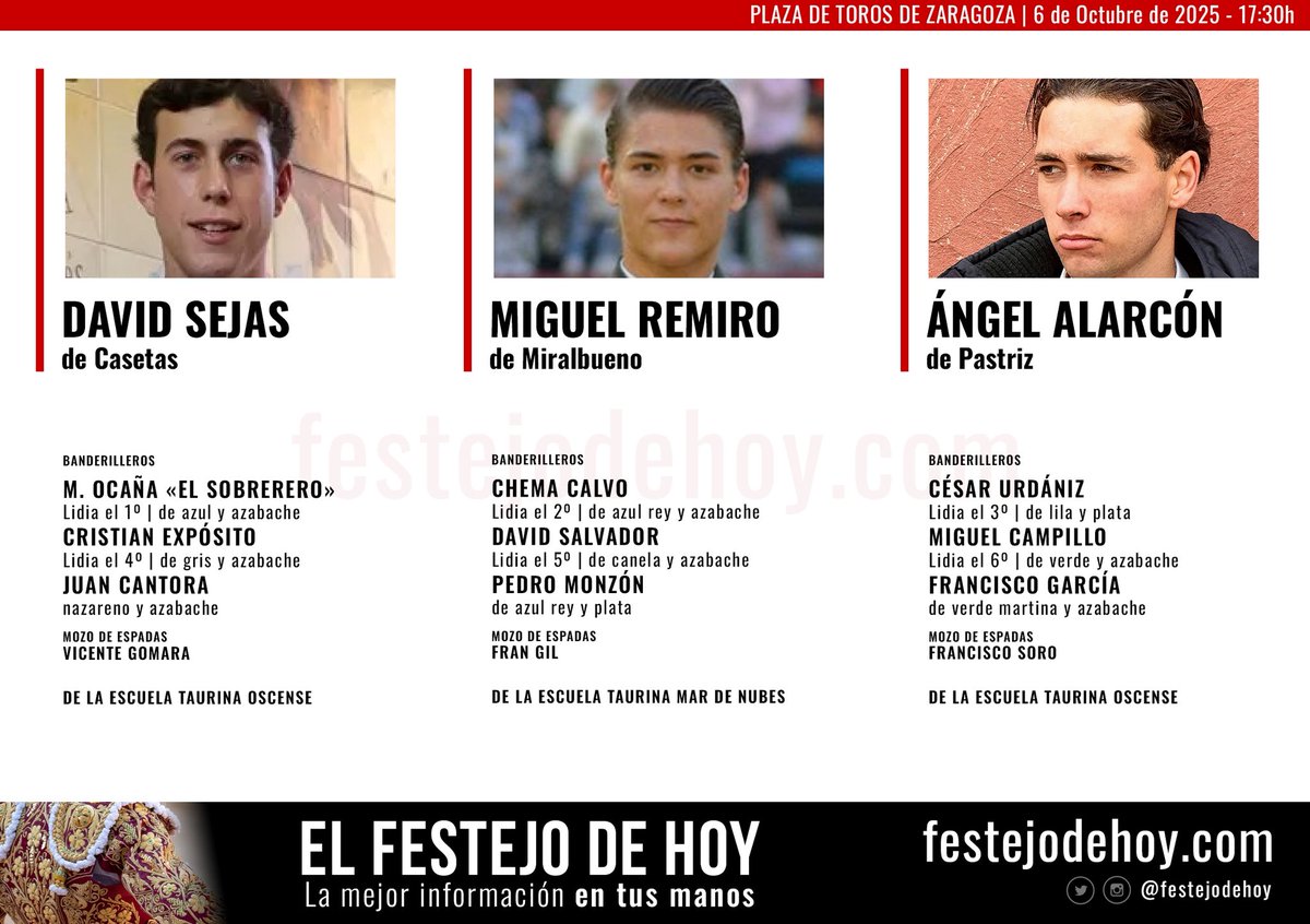 festejodehoy's tweet photo. ❤️ 𝗭𝗔𝗥𝗔𝗚𝗢𝗭𝗔

Se lidian novillos de Bernardino Piriz para David Sejas, Miguel Remiro y Ángel Alarcón

⌚️ 17.30h

👉🏻 Ampliamos la información en nuestra revista virtual

➕ | https://t.co/MmuByQuQDa https://t.co/TsH0zjmew1