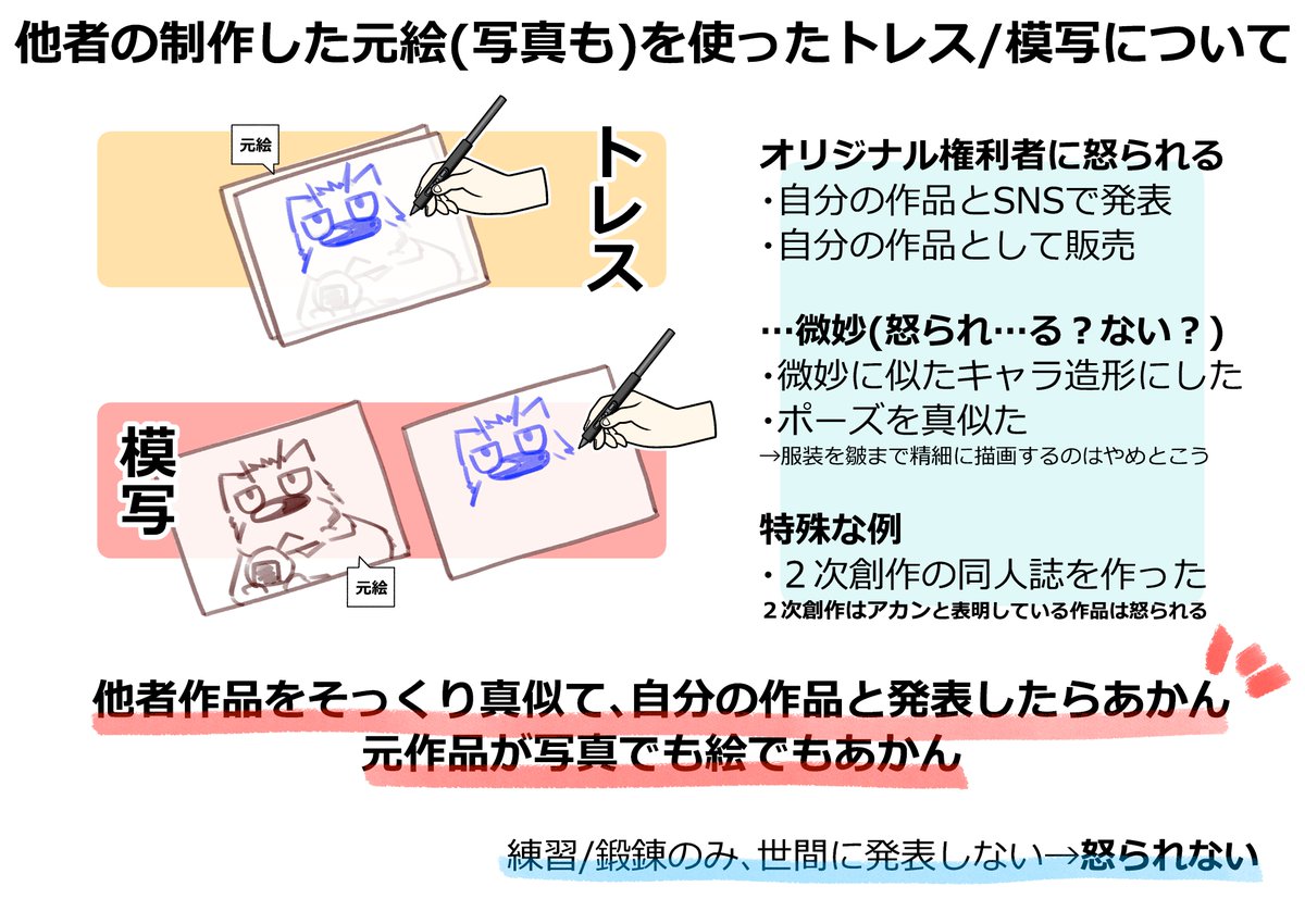 トレース(トレス)や模写という行為そのものは悪くないっす

基にした他者の絵や写真を複写のようにトレス/模写して、それを「無断で自分の作品のように発表/販売」すると本来の権利者(作家)に怒られるぞ、というお話。訴訟を起こされる可能性もあるし、信頼も失っちゃいそうっすね