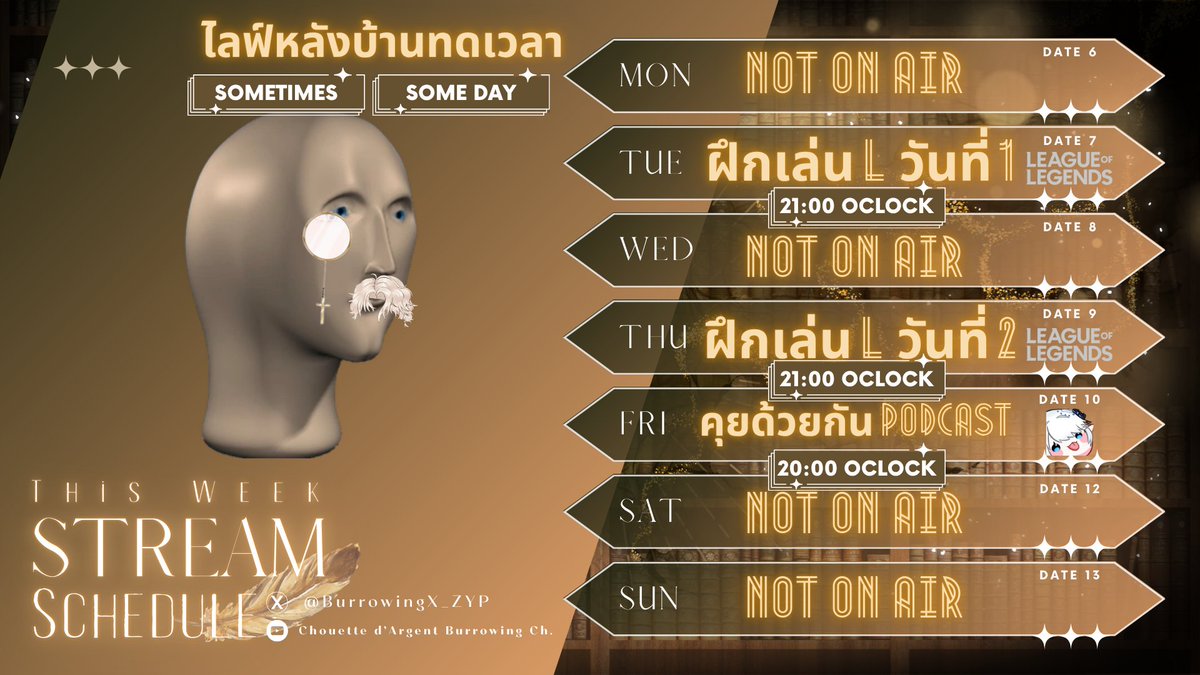 BurrowingX_ZYP's tweet photo. ตารางโหดๆ
Live| #Hook_live
Fan art| #Hook_ART
Fun Fact| #Hook_Knowledge
Meme| #Hook_HaHa
Chilling| #Hook_Chill
Sing| #Hook_Sing
Talk| #Hook_Talk https://t.co/hn3rTJoNbO