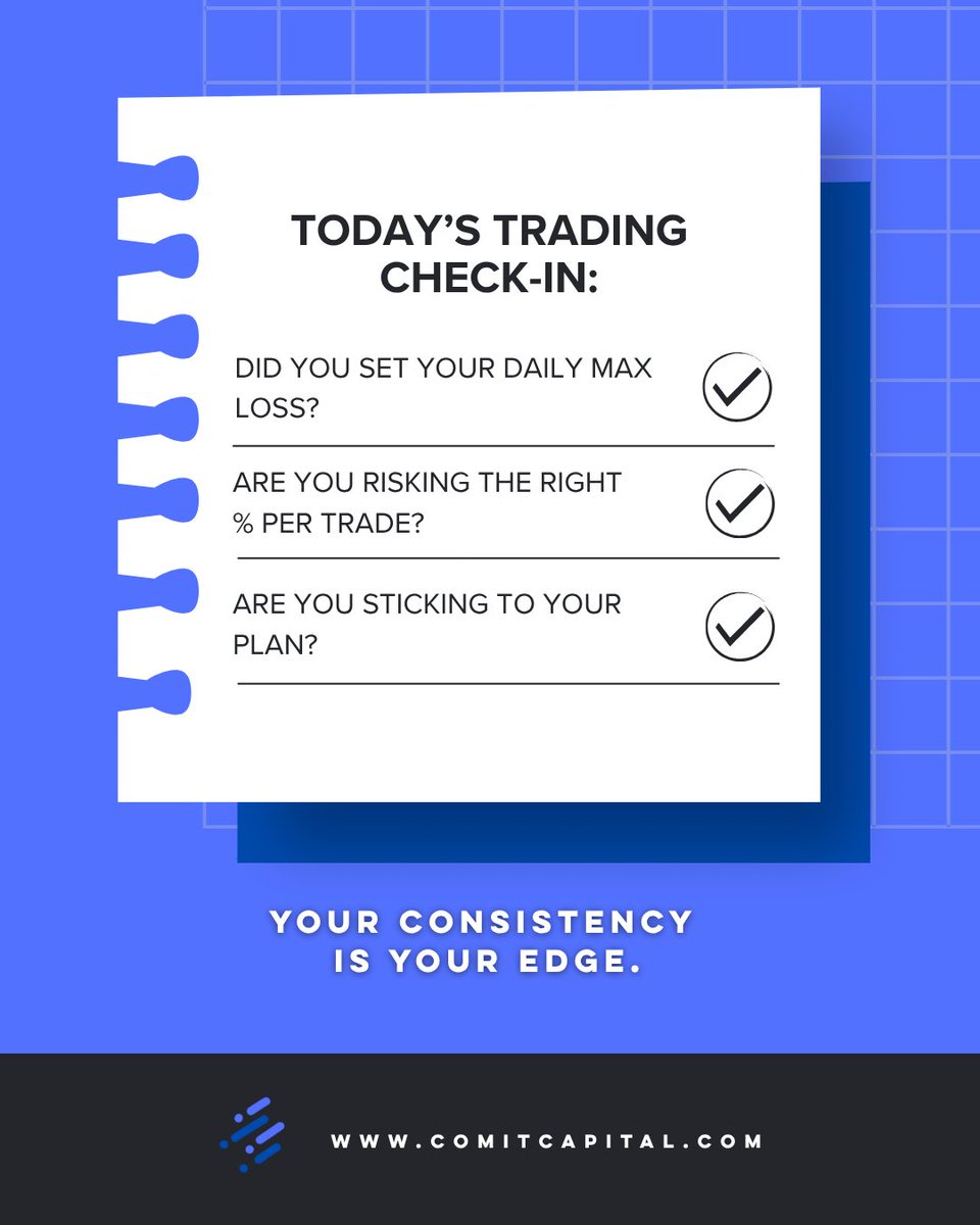comitcapital's tweet image. Your best weapon as a prop trader? 📊 Consistency.

Start each day with this quick check-in to make sure you’re protecting your account and playing the long game.

Drop a ✅ if you’re locked in today!

#ComitCapital #TraderRoutine #PropTradingJourney