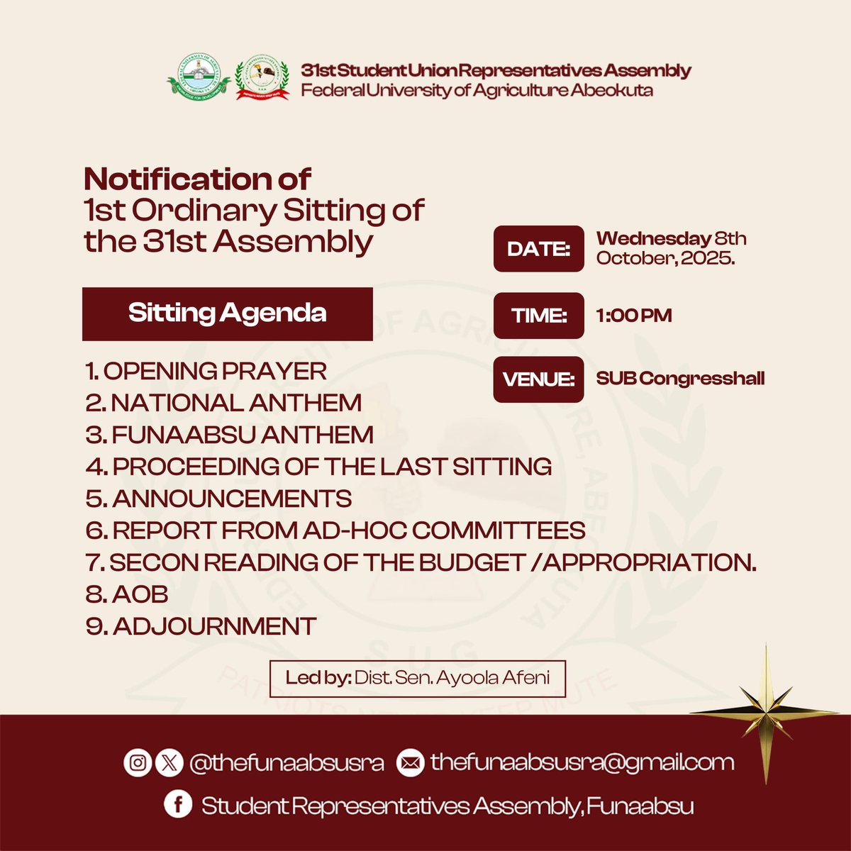 1st Ordinary Sitting of the 31st Assembly

The 31st SRA convenes for its first ordinary sitting as we advance legislative duties toward accountability and inclusive governance.

All students are invited to observe and witness the legislative process in action.