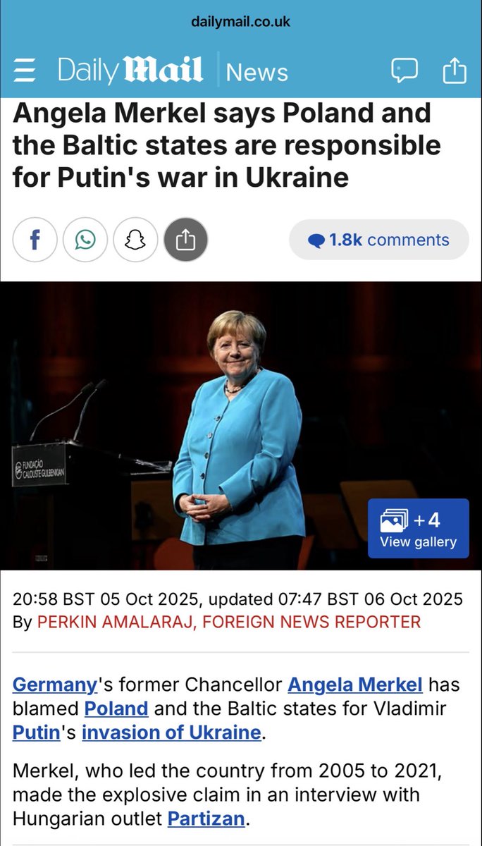 kadmitriev's tweet photo. BREAKING: Former German 🇩🇪Chancellor Angela Merkel says the Baltic States 🇱🇹🇱🇻🇪🇪 and Poland 🇵🇱 bear responsibility for the conflict in Ukraine — due to their aggressive stance toward Russia and ignoring Moscow’s security concerns.

A important moment of honesty from Merkel. https://t.co/6Yllrf9RDd