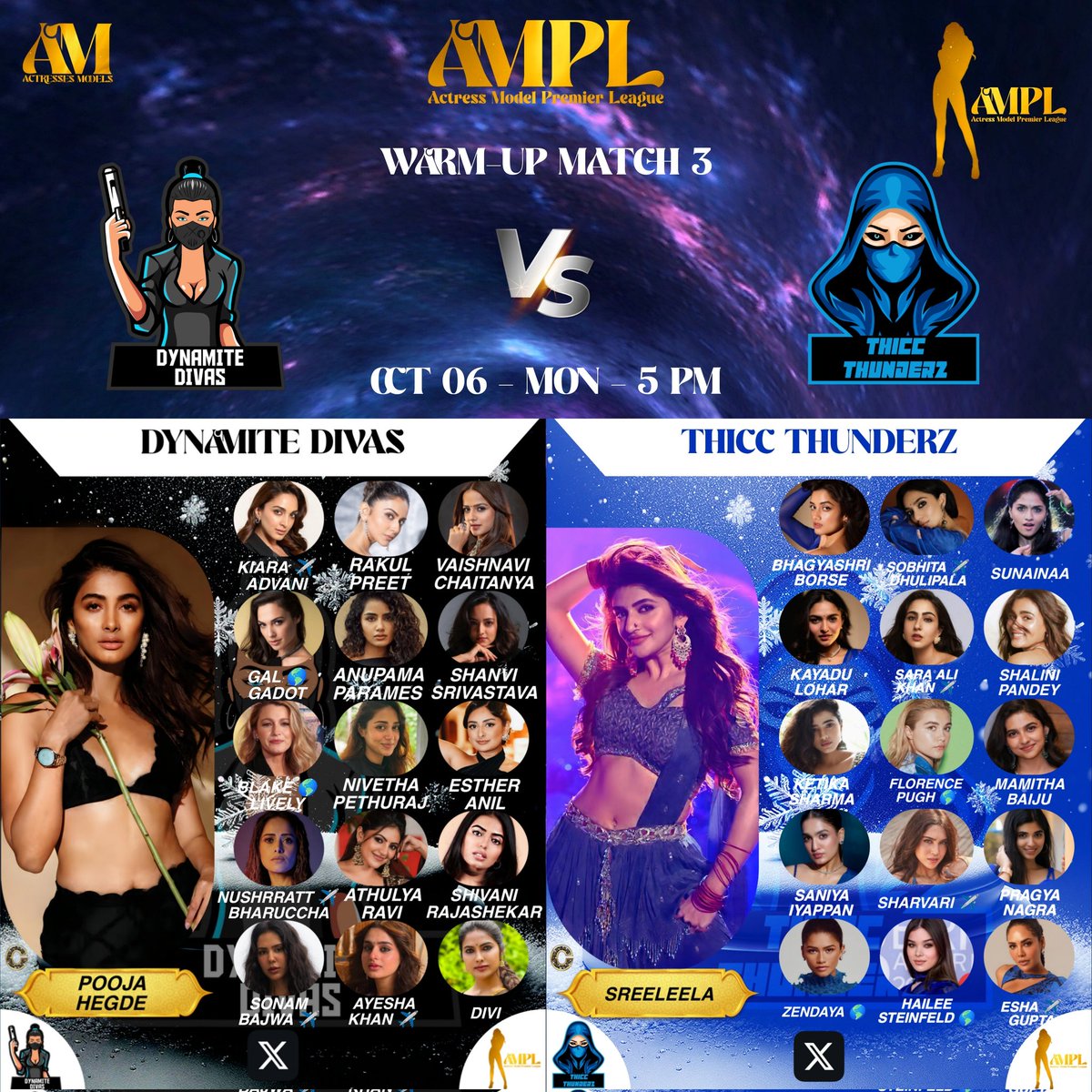 AMPL_Official_'s tweet photo. Warm-Up Match 3
Follow : @AMPL_Official_
#DynamiteDivas ๐ค #DD ๐ #ThiccThunderz ๐ #TT
#ActressModelPremierLeague
-@ActressModels1
Polls In Threads...
Vote For Your Favourite Actresses https://t.co/b3kGejTKnq