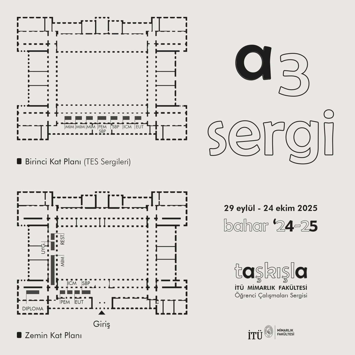İstanbul Teknik Üniversitesi Mimarlık Fakültesi’nde 2024–2025 Bahar Dönemi boyunca yürütülen Diploma, TES ve Dönem Projeleri sergileniyor. Yeni fikirleri, yaratıcı yaklaşımları ve özgün projeleri keşfetmek için siz de Taşkışla’ya davetlisiniz!🗓️ Ziyaret için son gün: 24 Ekim 2025