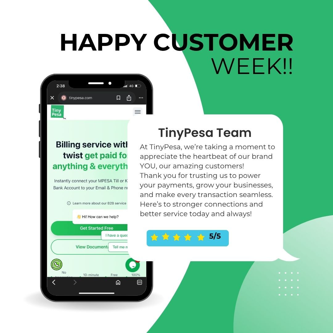 Happy Customer Service Week! 🎉

Here’s to YOU — our amazing TinyPesa fam who keep us going every day 🙌🏽

Thank you for trusting us to power your payments and support your business goals 💫

We see you. We appreciate you. We celebrate you! 💙

#CustomerServiceWeek #TinyPesaFam
