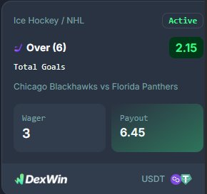 HackLifeAjax's tweet image. Chicago Blackhawks 🆚 Florida Panthers! 🔥 3 $USDT ➡ 6.45 $USDT on over 6 total goals! Best betting odds in ice hockey today 🚨 No KYC betting + zero fees only on @DexWin_Sports 🏑 Don’t miss the action!