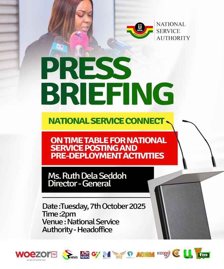 _nsagh's tweet image. PRESS BRIEFING 

The National Service Authority wishes to inform the general public and members of the media that it will hold a press briefing on Tuesday, 7th October 2025, at the Headquarters of the Authority at 2pm.
The press briefing will address recent developments related…