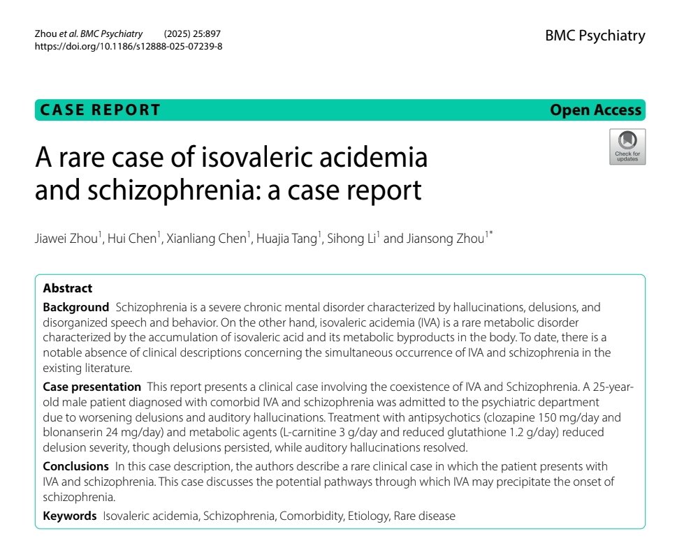 Info_Rares's tweet image. Rare case report: Isovaleric Acidemia &amp;amp; Schizophrenia comorbidity. Psychotic symptoms persisted despite IVA management...are psychiatric disorders a separate comorbidity or distinct manifestations of a shared underlying process? 🤔
#RareDiseases
bmcpsychiatry.biomedcentral.com/articles/10.11…