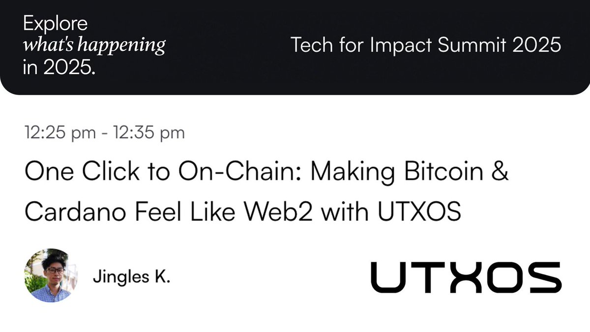 utxos_dev's tweet image. Tomorrow, 12:25 - Jingles at Tech for Impact 🔧
Building for real users, not hype.

Hear how UTXOS is rethinking infra for builders across @Bitcoin  &amp;amp; @Cardano - with lessons from real devs in the field.

➡️ Set a reminder and join live.

🗒️ Check the agenda:…