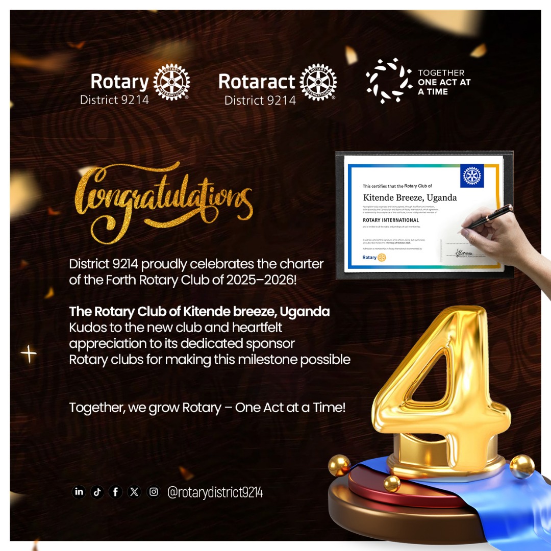 rotaryd9214's tweet image. Big News this Monday! 

Welcome the newest member of our Rotary family; Rotary Club of Kitende Breeze! 

Proudly  sponsored by the Rotary Club of Kampala Muyenga Breeze, this vibrant club brings fresh energy and purpose to District 9214.

Together, we grow, serve, and make