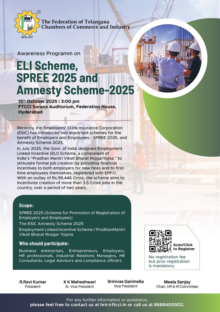 FTCCI's tweet image. @FTCCI is organizing an Awareness Program on ELI Scheme, SPREE 2025 and Amnesty Scheme-2025
🗓️ 15th Oct, 2025 (Wednesday)
🕥 03:00pm to 05:30pm
🗺️ FTCCI
🎟️ Free Entry (registration is mandatory)
📝Register Now: tally.so/r/wb1aBL
#FTCCI #AwarenessProgram #ELIScheme
