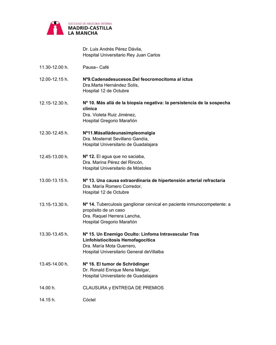 ⏰ Tic-tac… tic-tac…

📣 88ª Sesión Interhospitalaria de Medicina Interna
🗓️ 10 de octubre | 09:15 – 14:00
📍 Hospital General de Villarrobledo, #ALBACETE

Casos clínicos, debate y aprendizaje compartido.
🔗 acortar.link/hanmXw

#MedicinaInterna #Formación #SOMIMACA
