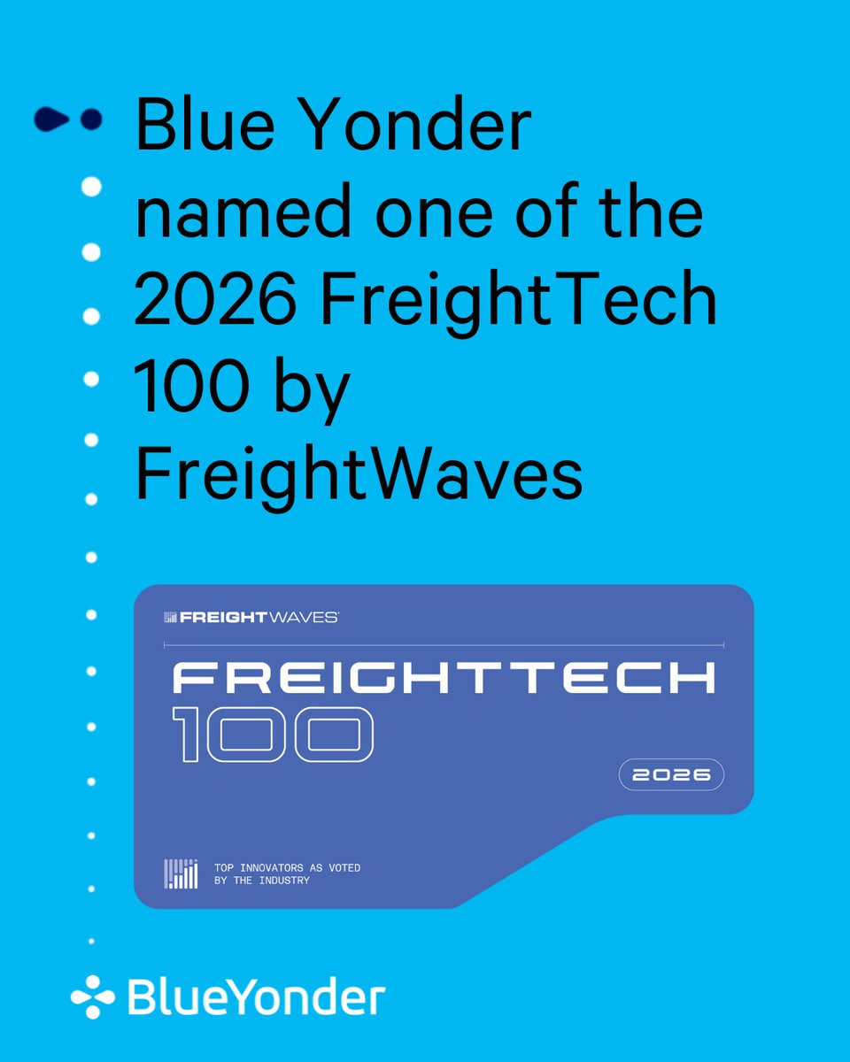 BlueYonder's tweet image. We’re excited to share that Blue Yonder has been named one of the 2026 FreightTech 100 by @FreightWaves! The annual award recognizes the most innovative and disruptive companies in the freight technology sector. Learn more here: okt.to/Bkj6y1 #FreightTech100