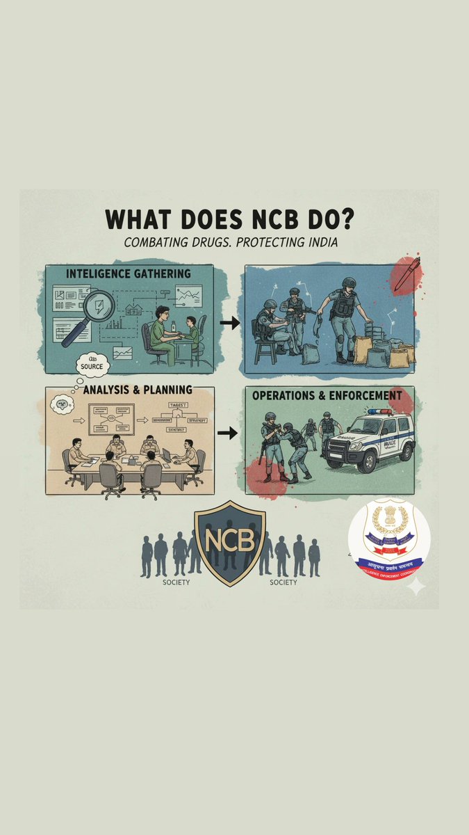 Ever wondered what NCB really does? 
From gathering intelligence to carrying out operations, NCB works every day to stop the flow of illegal drugs and keep our society safe.
Working across states and borders, NCB ensures a safer, drug-free nation for all. 🇮🇳

#NCBIndia #DrugFree
