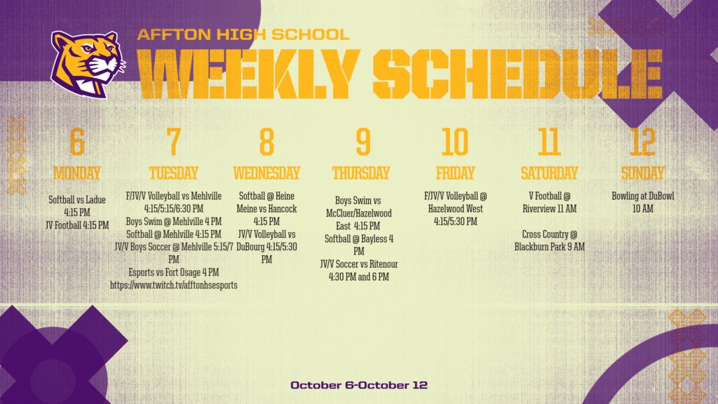 This weeks events: 
Softball is at home today at 4:15
JV Football is away at Gay Field 4:15 vs Clayton
Tuesday-Sunday listed below