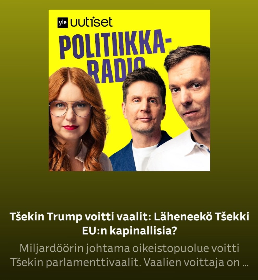 Kiitos kutsusta Politiikkaradioon! Keskustelimme <a href="/AnttiPilke/">Antti Pilke</a> ja Heino Nyyssösen kanssa 🇨🇿 vaaleista ja siitä, mitä tämä tarkoittaa Euroopalle ja 🇺🇦:lle. Pohdittin myös, mitä on tapahtunut vasemmistolle ja miksi Tšekissä on niin "kummalliset" puolueet kuten piraatit ja motoristit.