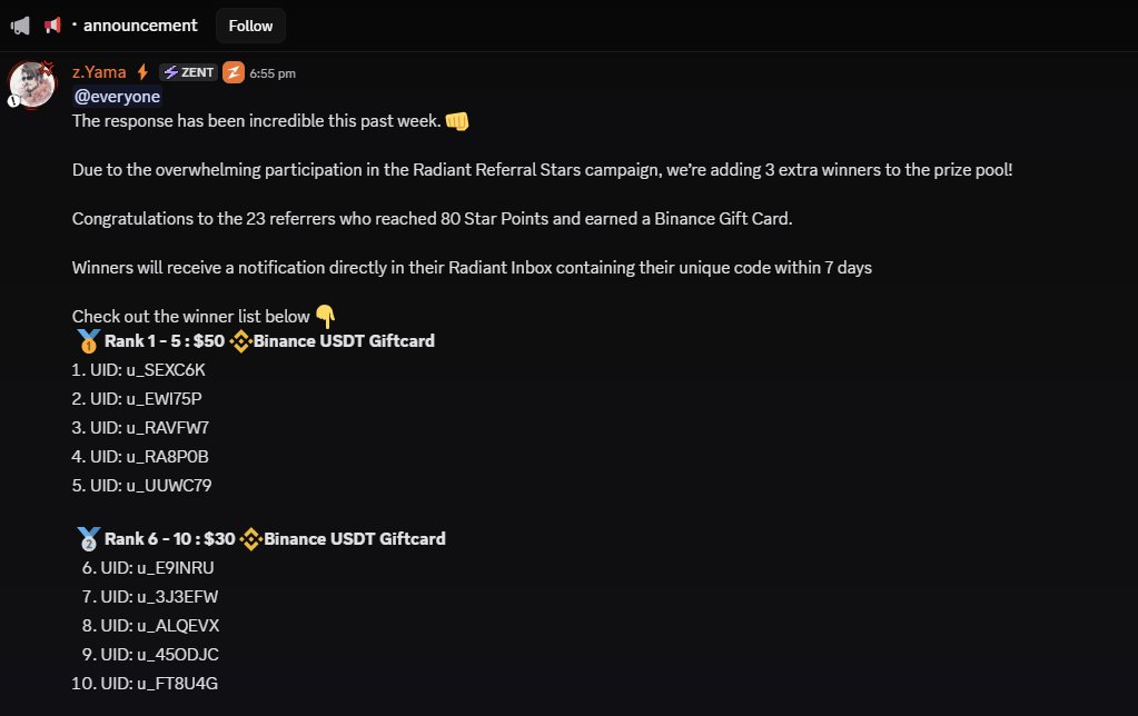 Congrats to the winners of the Radiant Referral Stars Program! You can also check the list of winners on the <a href="/zentry/">Zentry</a> Discord.