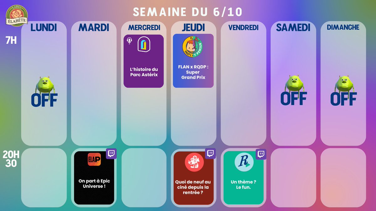C'est le planning de la semaine ! Trois lives et deux podcasts ! Allez letsgo bon lundi on est en octobre on survit